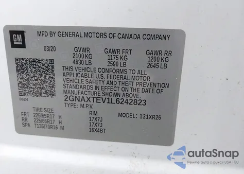 2020 Chevrolet Equinox Awd 2Fl from USA, damaged, VIN 2GNAXTEV1L6242823